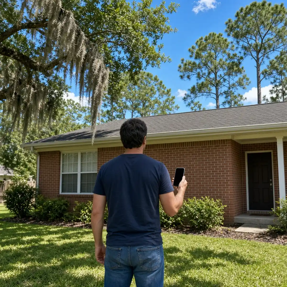 Homeowner looking at the gutters on a brick ranch home in Ridgeland, SC