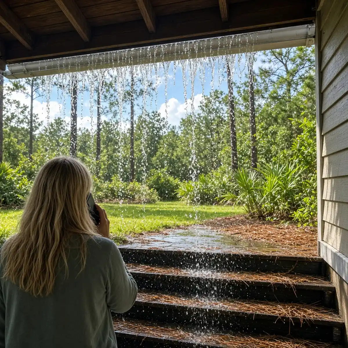 Homeowner on the phone while looking at an overflowing gutter