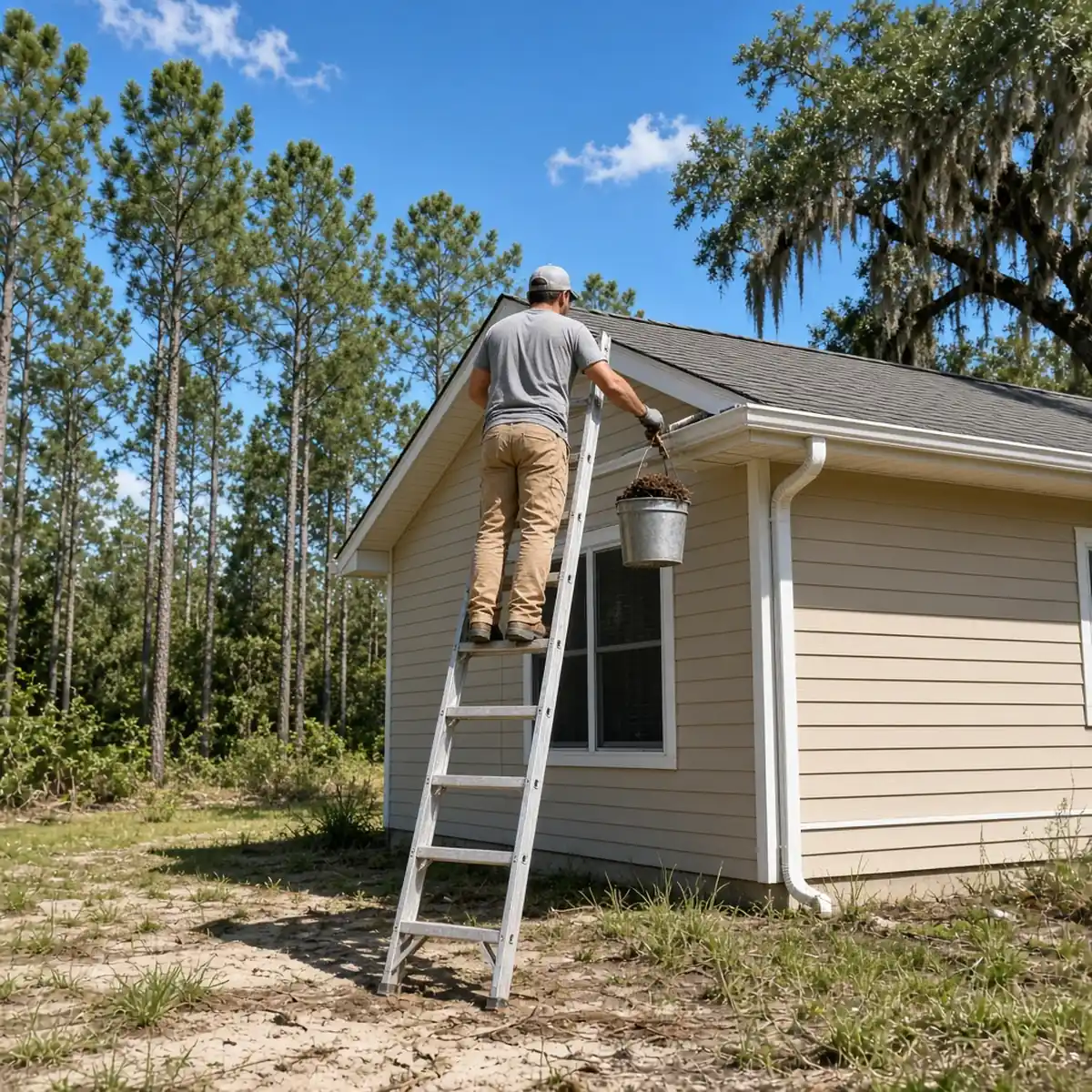 Gutter cleaner scooping pine needles from a gutter on a single-story home in Ridgeland, SC