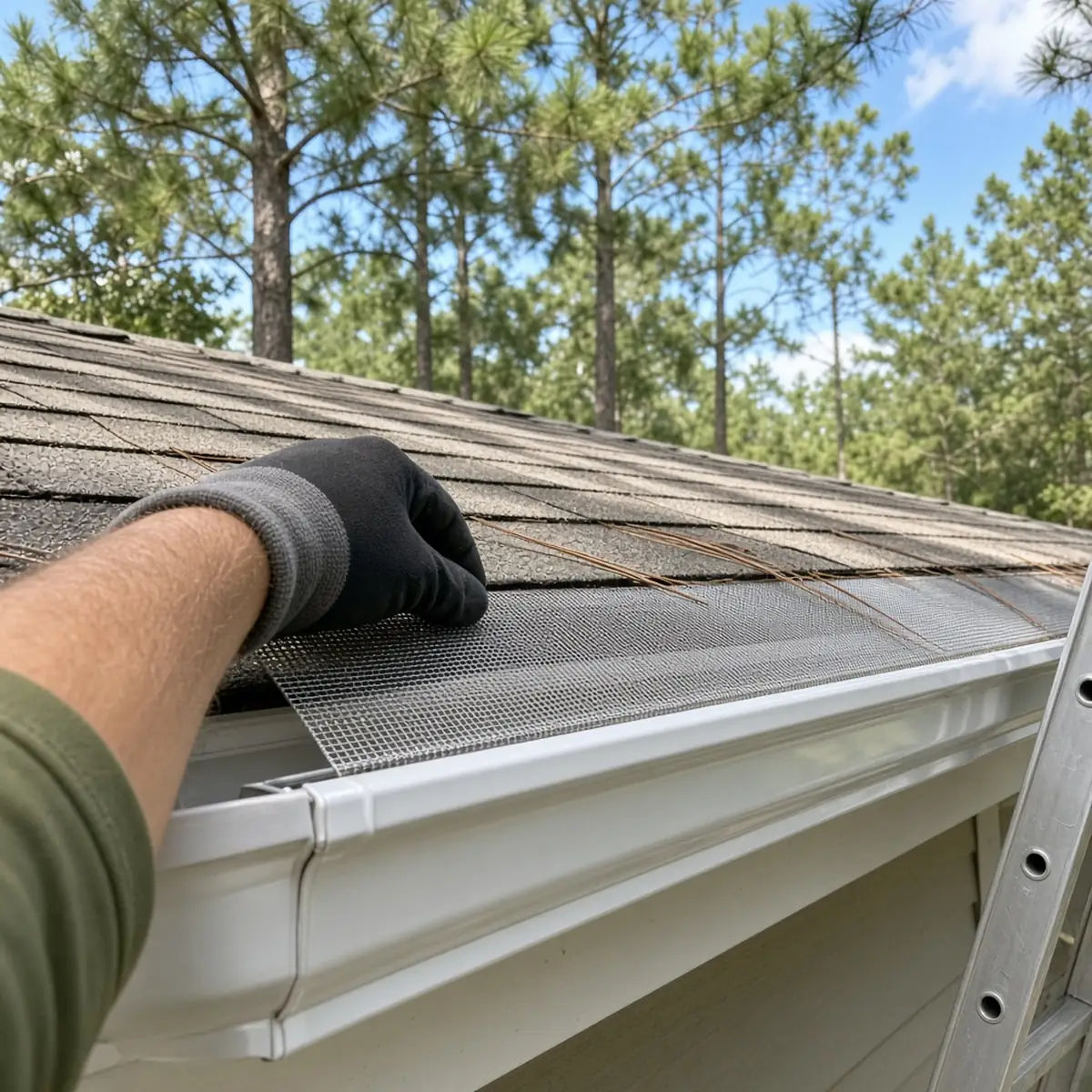 Installer fitting a micro-mesh gutter guard on a Ridgeland home under pine trees