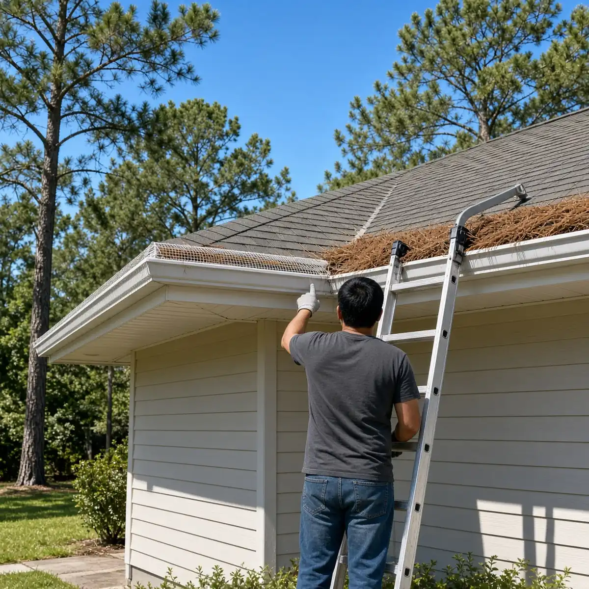 Gutter with a micro-mesh guard next to an open gutter full of pine needles