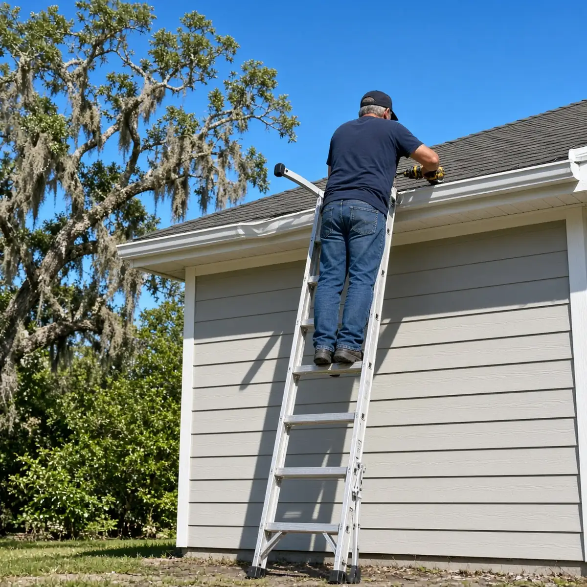 Gutter repair pro screwing a hidden hanger into a sagging gutter in Ridgeland, SC