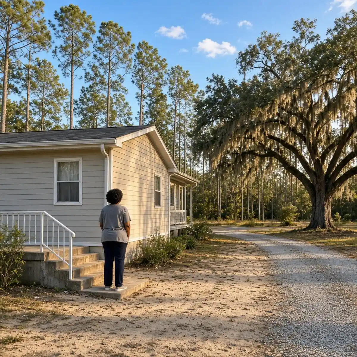 Rural Jasper County home with gutters under tall pines near Ridgeland, SC