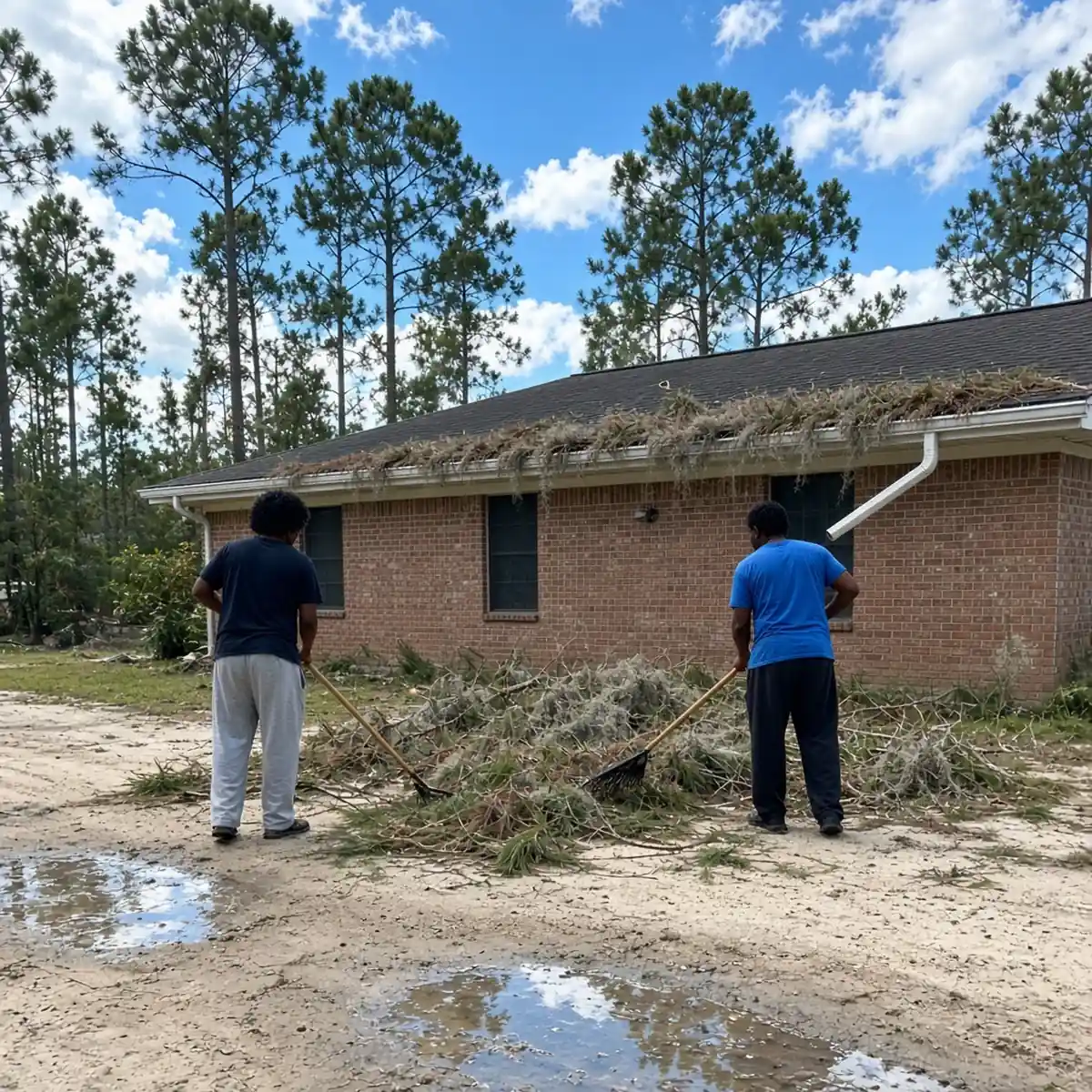 Homeowners clearing storm debris after a tropical storm in Jasper County