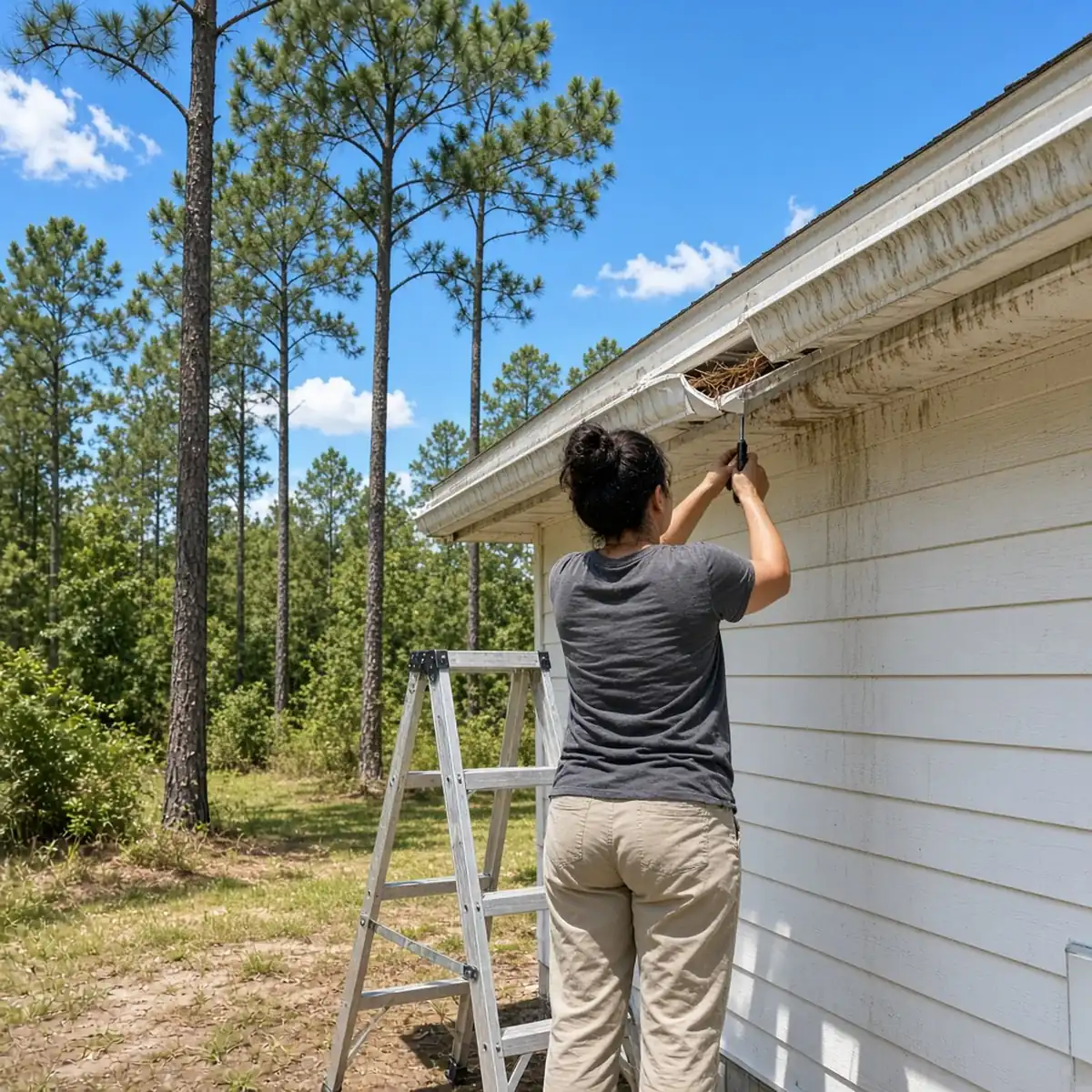 Homeowner inspecting a gutter that has pulled away from the fascia board