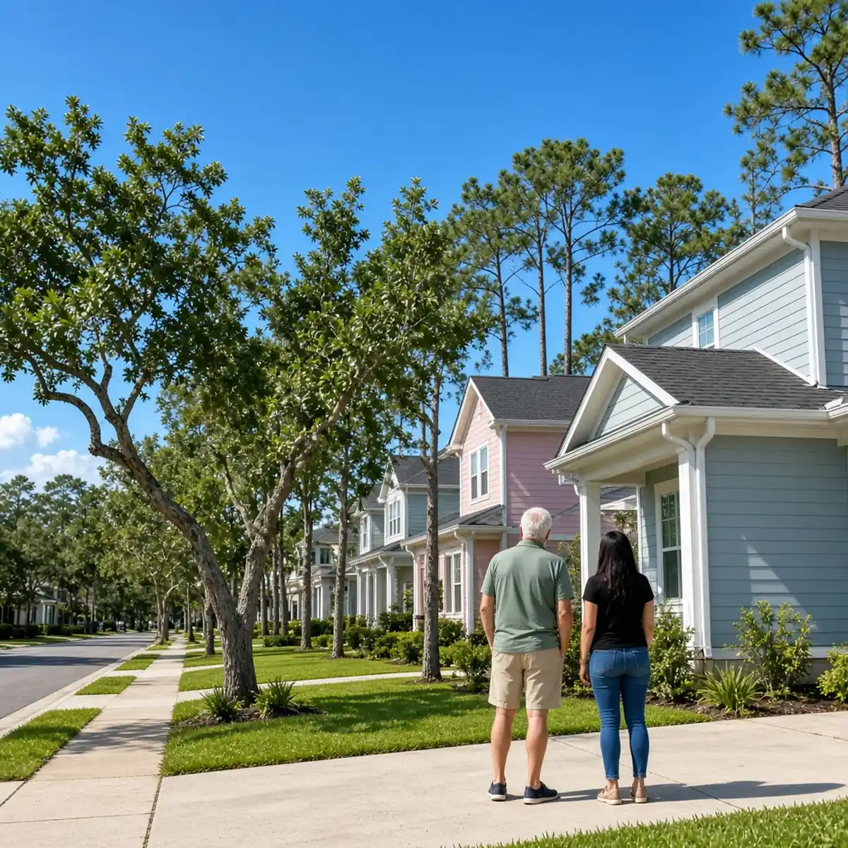 Neighbors talking in front of a newer home with white gutters in a Lowcountry subdivision