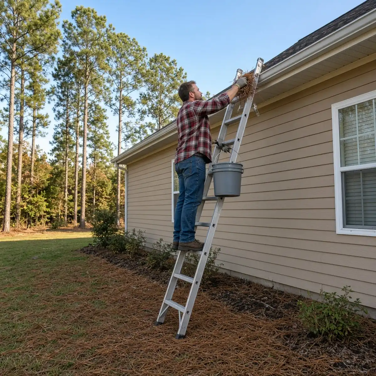Homeowner cleaning brown pine needles out of a gutter in late fall