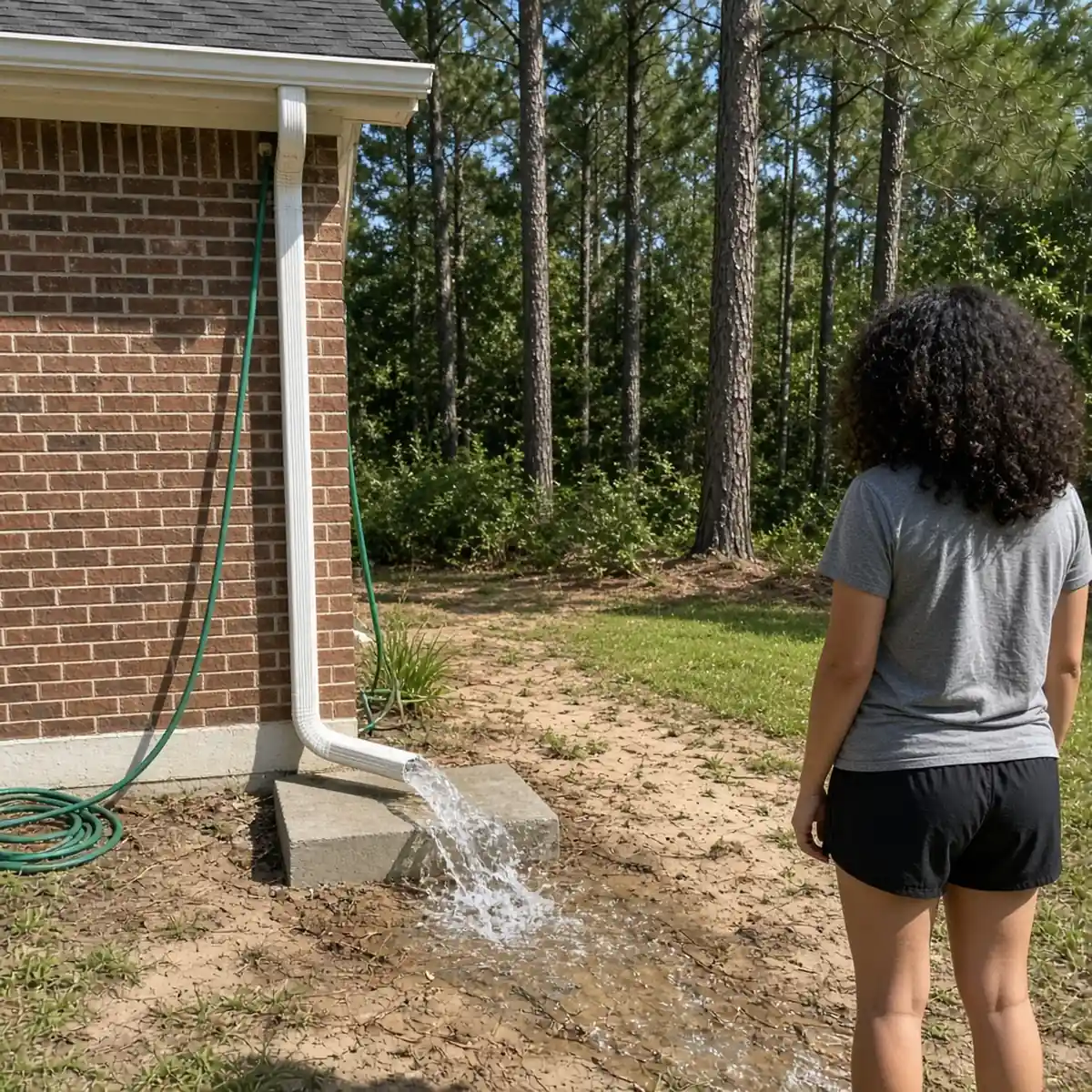 Water flushing out of a cleared downspout extension at a Ridgeland home